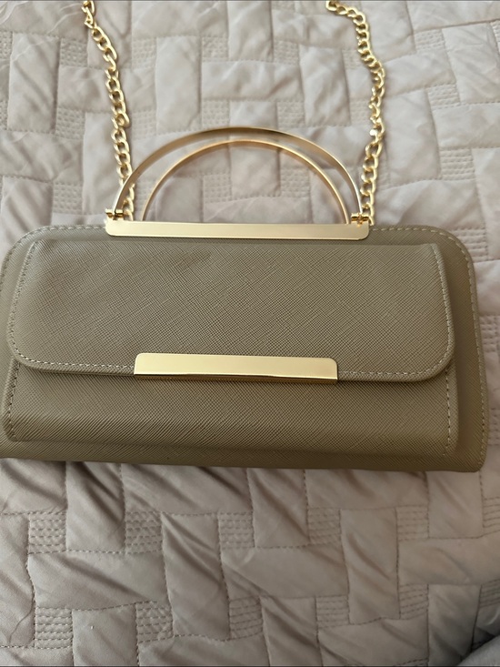 Handbags - Faux Leather Top Handle Crossbody Clutch Taupe Gold Chain Structured Mini Bag